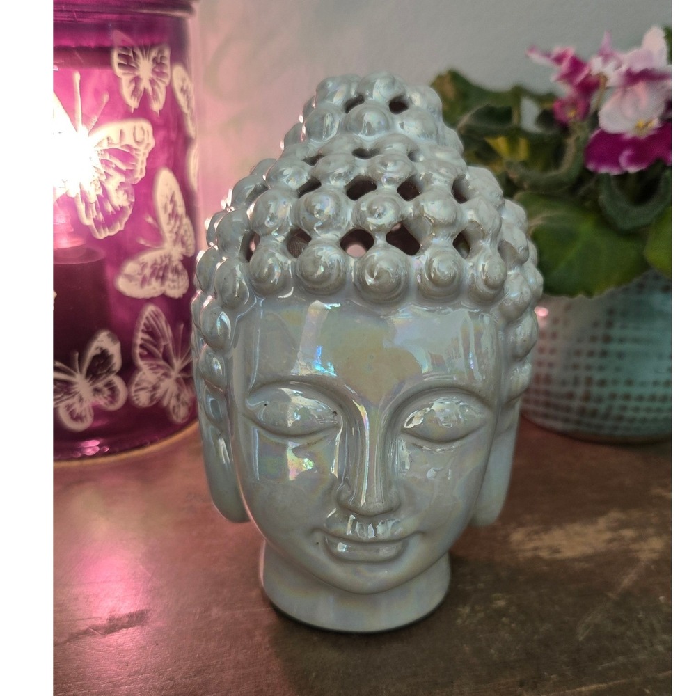 Vintage White Iridescent Buddha Head Potpourri Holder Lattice Ceramic Decor 6"